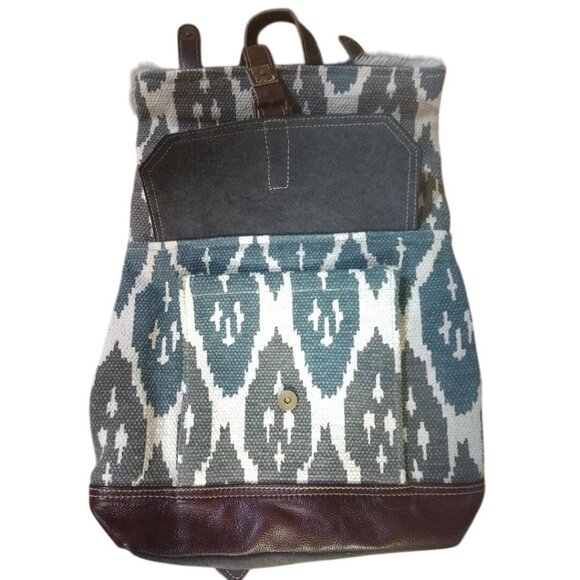 Handcrafted Myra Canvas & Leather Backpack With Ikat Print Cowhide Accent & Adju - Picture 2 of 7